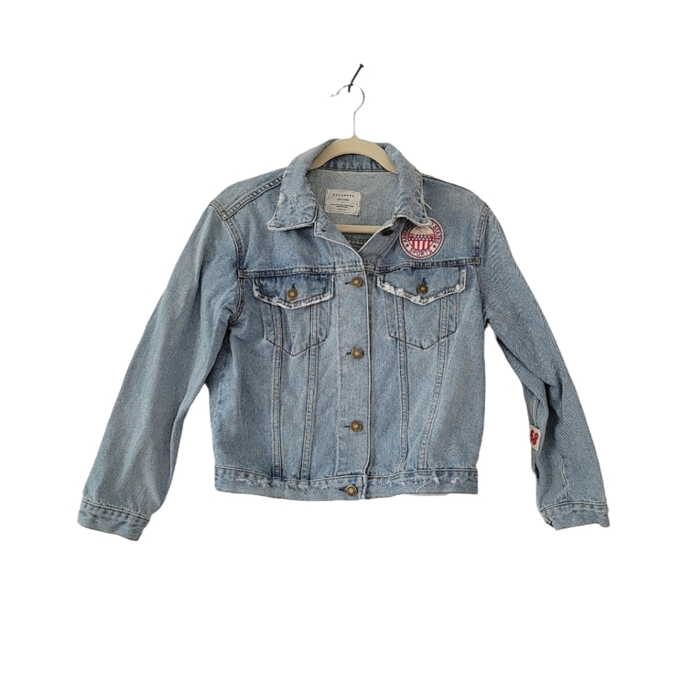 Denim Distressed Light Wash Patched Button Jean Jacket